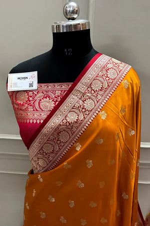 Mustard and Red Chaman Buti Katan Mashru Silk Banarasi Saree
