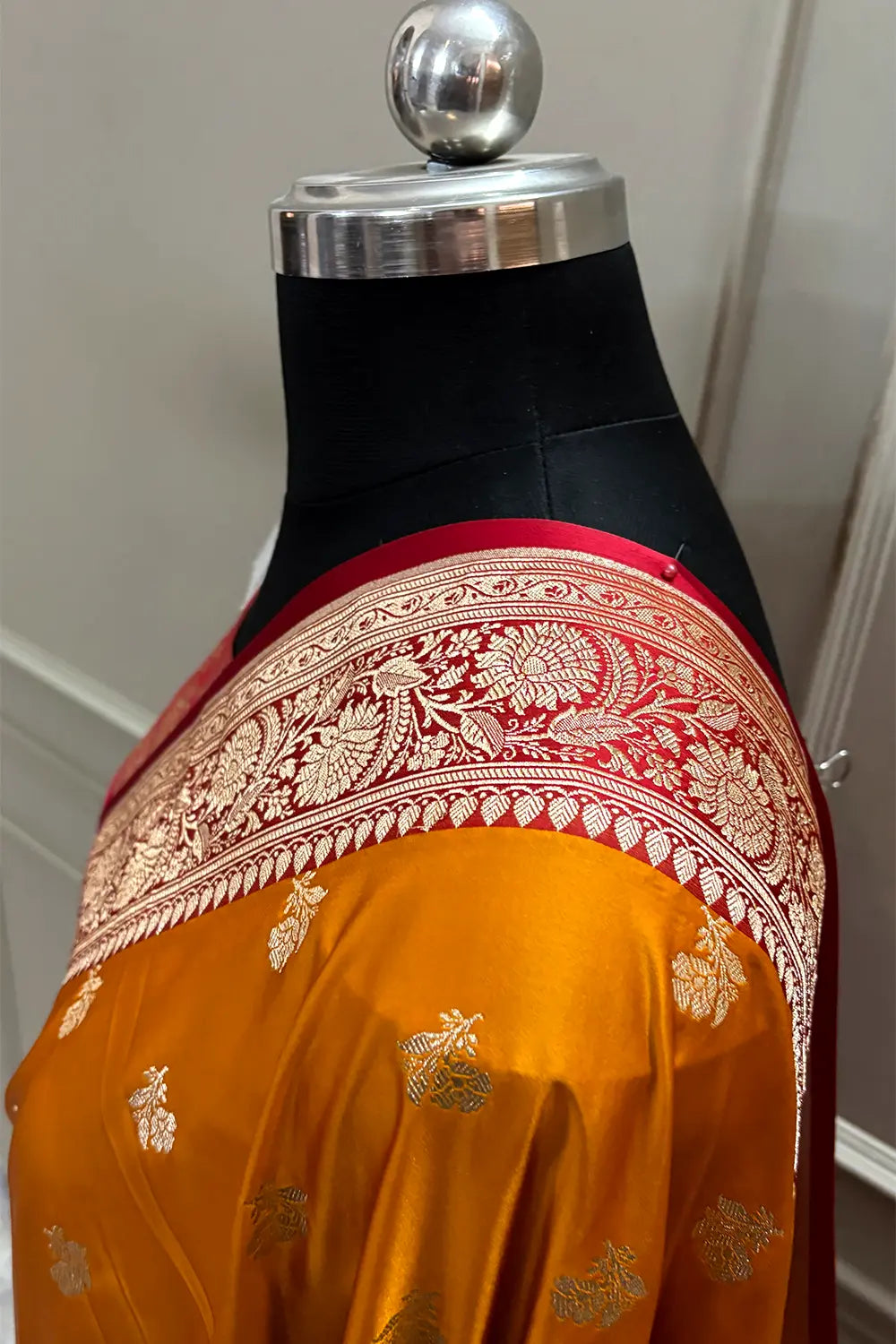 Mustard and Red Chaman Buti Katan Mashru Silk Banarasi Saree