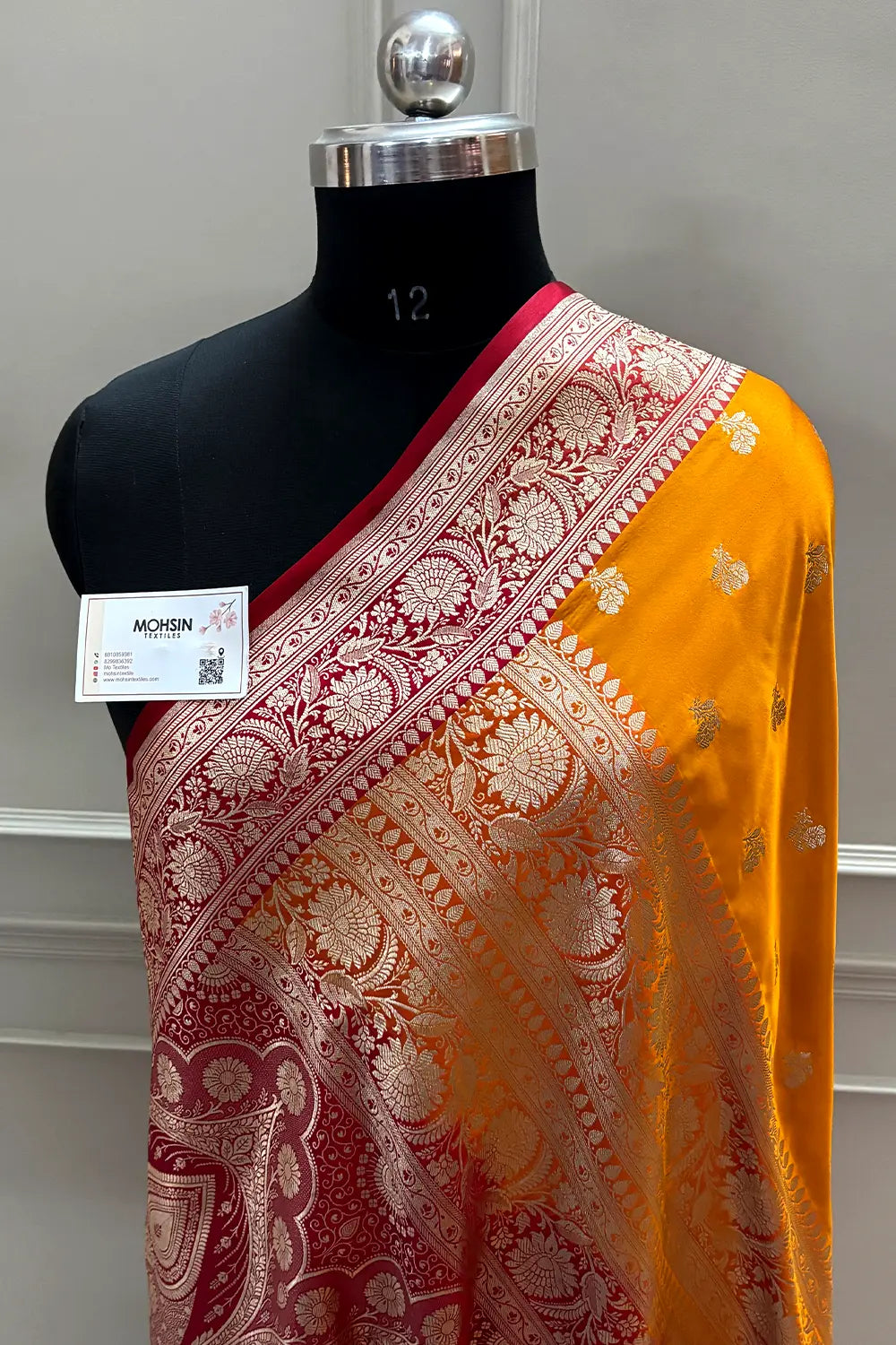 Mustard and Red Chaman Buti Katan Mashru Silk Banarasi Saree