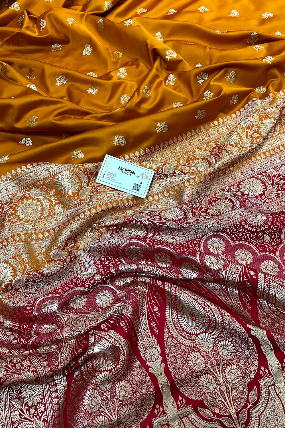 Mustard and Red Chaman Buti Katan Mashru Silk Banarasi Saree