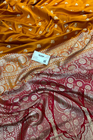 Mustard and Red Chaman Buti Katan Mashru Silk Banarasi Saree