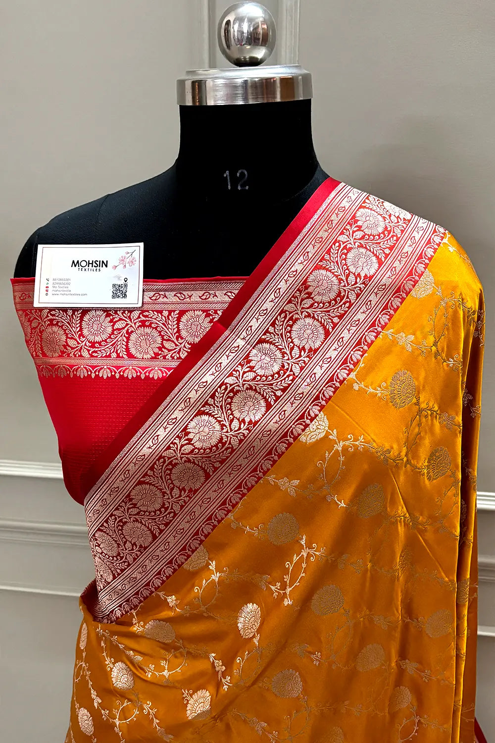 Mustard and Red Ropeway Jaal Katan Silk Banarasi Saree