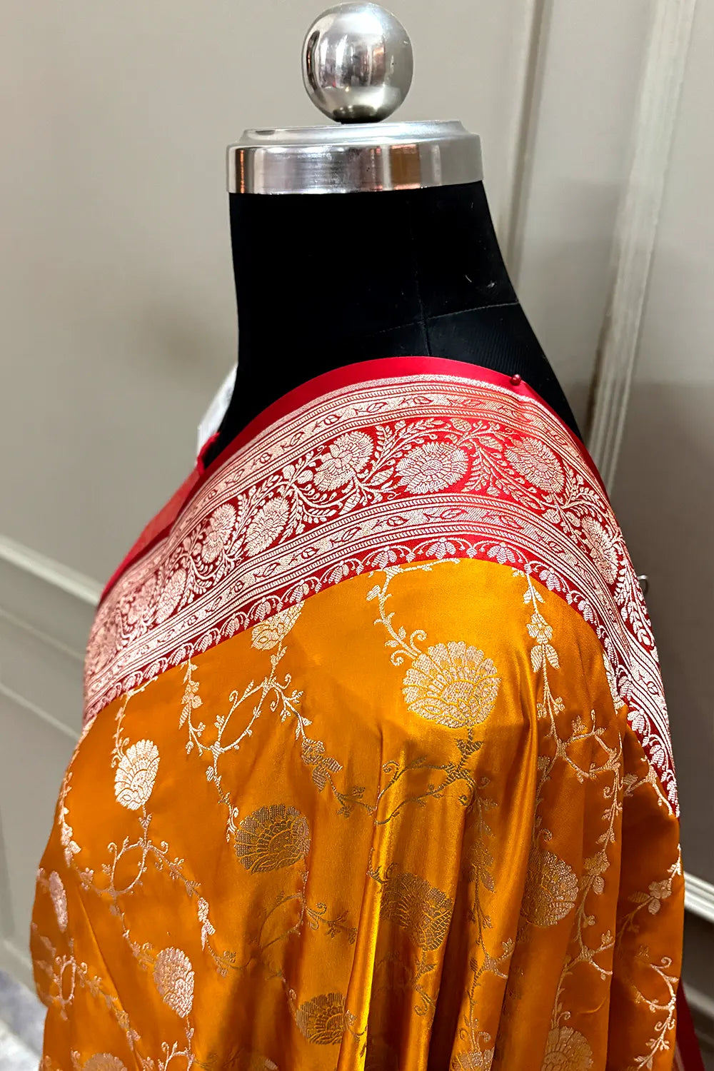 Mustard and Red Ropeway Jaal Katan Silk Banarasi Saree