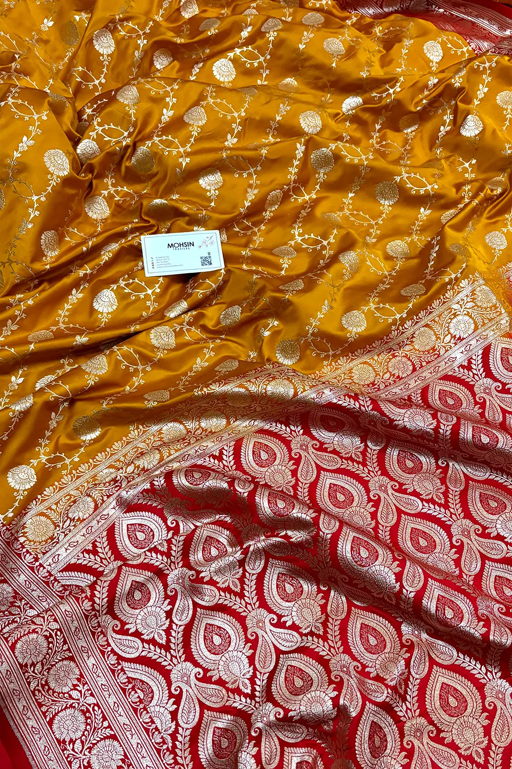 Mustard and Red Ropeway Jaal Katan Silk Banarasi Saree