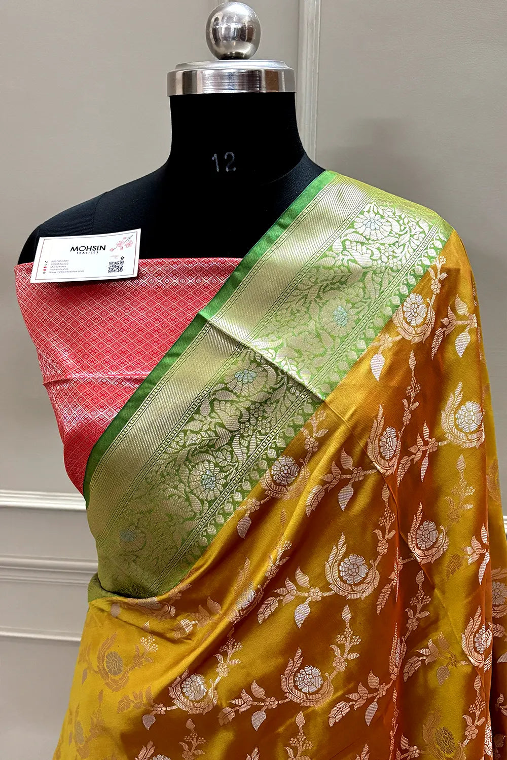 Mustard and Red Zari Banarasi Silk Saree
