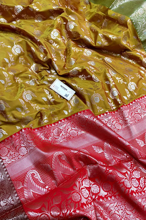 Mustard and Red Zari Banarasi Silk Saree