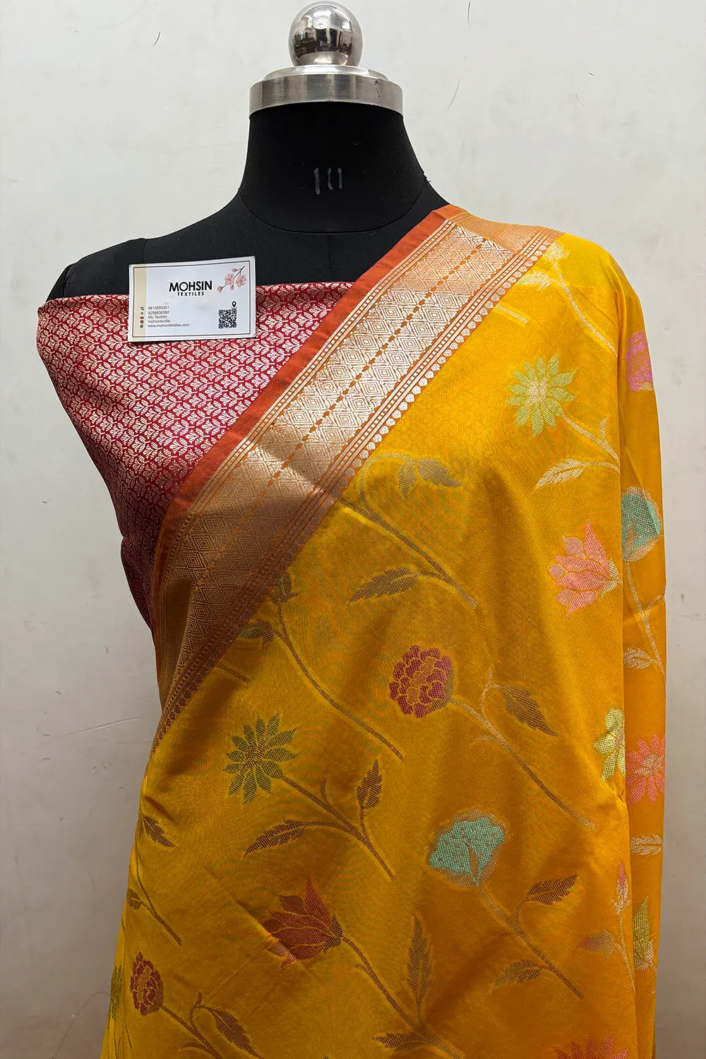 Mustard and Red Zari Katan Silk Banarasi Saree