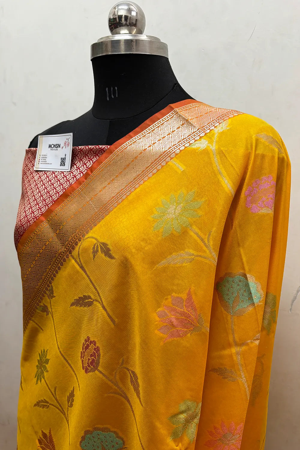Mustard and Red Zari Katan Silk Banarasi Saree