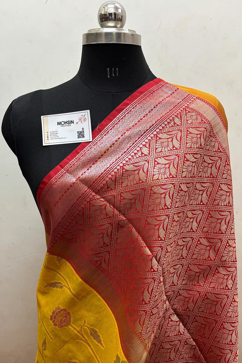 Mustard and Red Zari Katan Silk Banarasi Saree