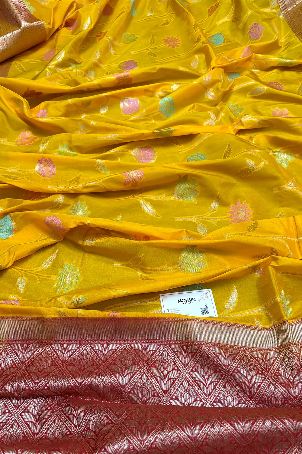 Mustard and Red Zari Katan Silk Banarasi Saree