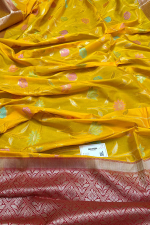 Mustard and Red Zari Katan Silk Banarasi Saree