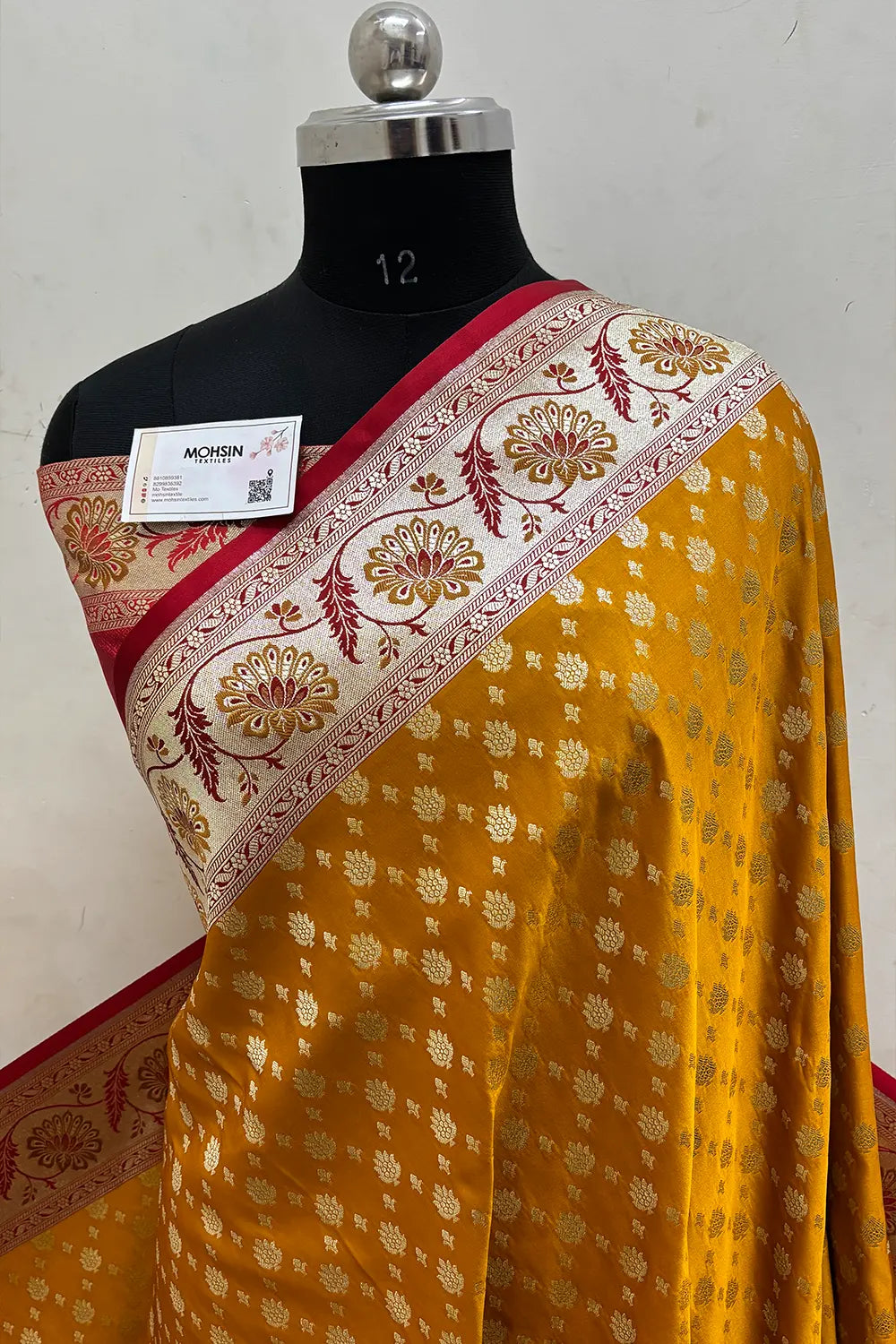 Mustard and Red Zari Katan Silk Banarasi Saree