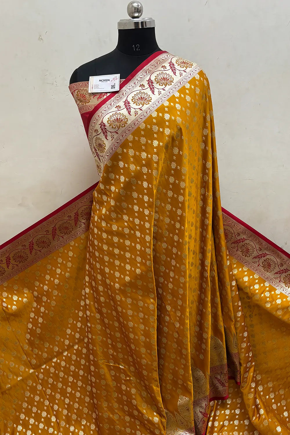 Mustard and Red Zari Katan Silk Banarasi Saree