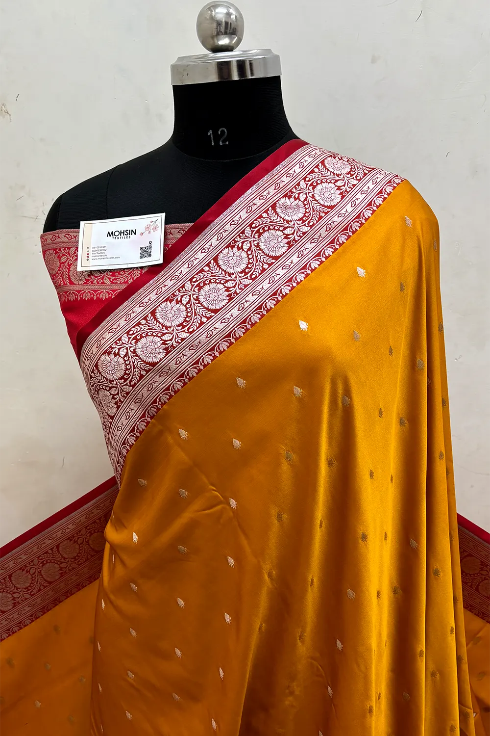 Mustard and Red Zari Katan Silk Banarasi Saree