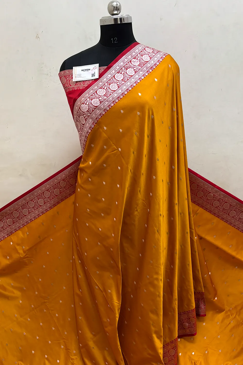 Mustard and Red Zari Katan Silk Banarasi Saree