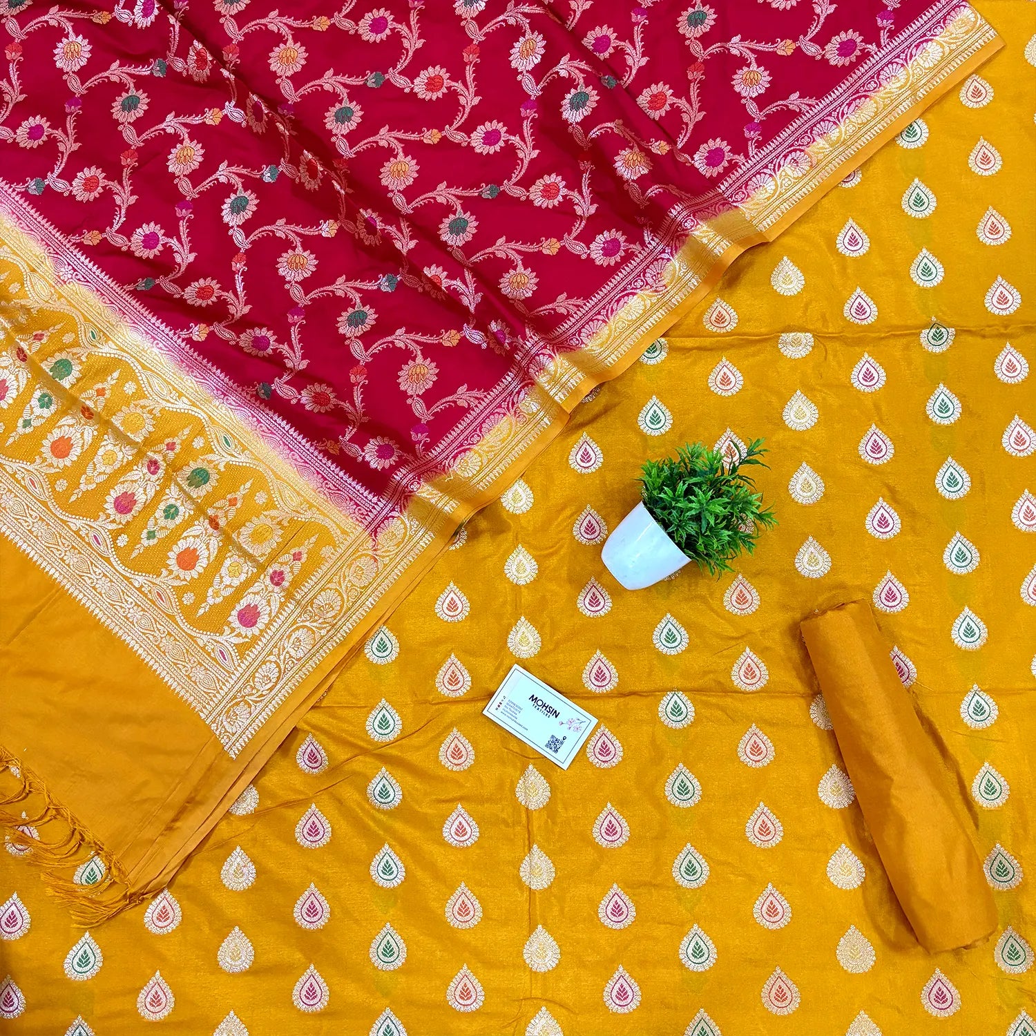 Mustard and Red Zari Katan Silk Banarasi Suit