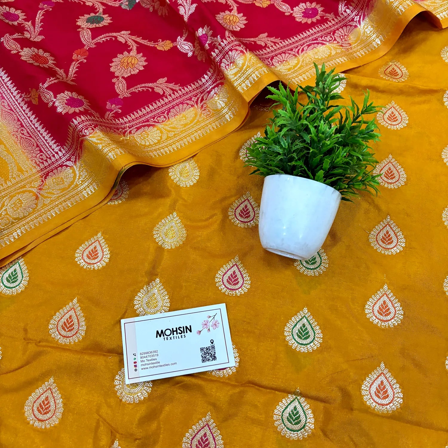 Mustard and Red Zari Katan Silk Banarasi Suit