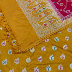 Mustard and Red Zari Katan Silk Banarasi Suit