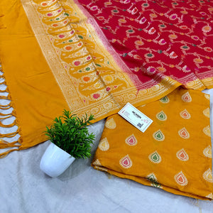 Mustard and Red Zari Katan Silk Banarasi Suit