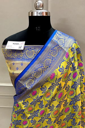 Mustard and Royal Blue Zari Banarasi Silk Saree