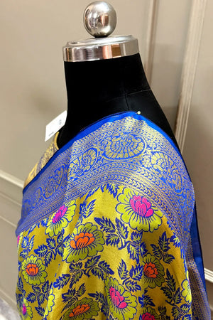 Mustard and Royal Blue Zari Banarasi Silk Saree