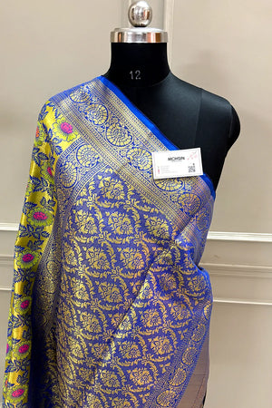 Mustard and Royal Blue Zari Banarasi Silk Saree