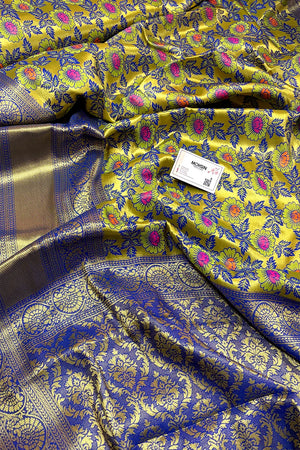 Mustard and Royal Blue Zari Banarasi Silk Saree