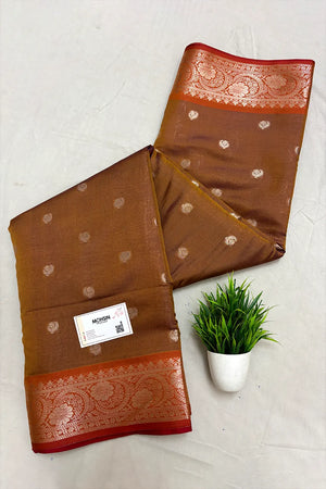 Mustard and Wine Zari Semi Katan Silk Banarasi Saree