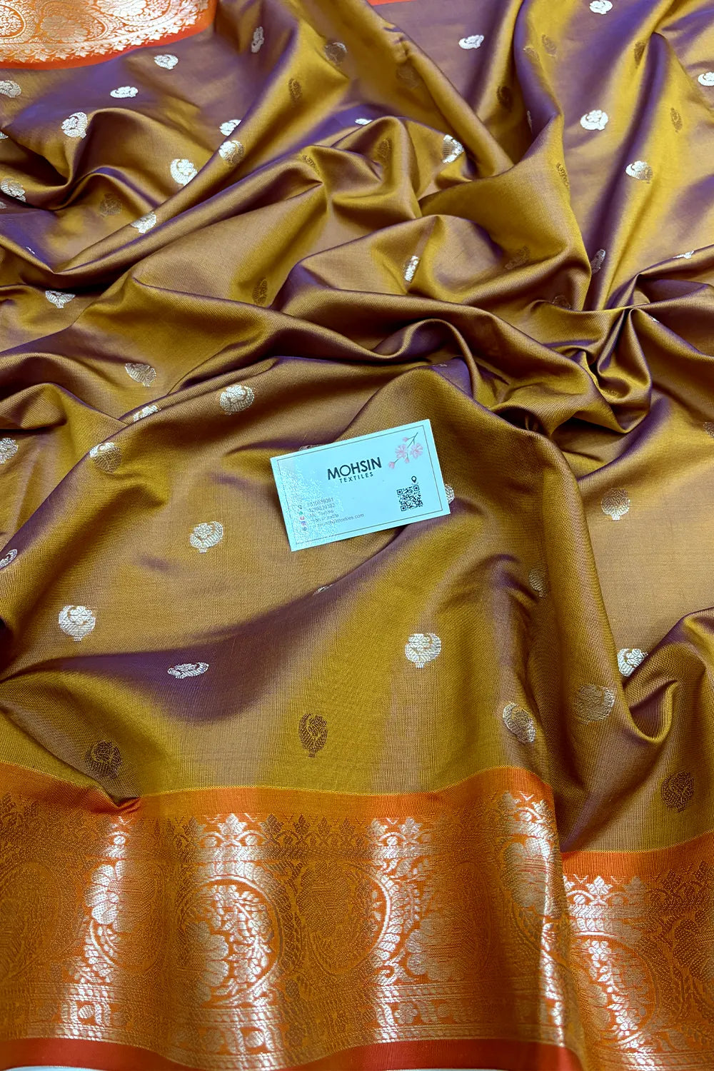Mustard and Wine Zari Semi Katan Silk Banarasi Saree