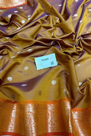 Mustard and Wine Zari Semi Katan Silk Banarasi Saree