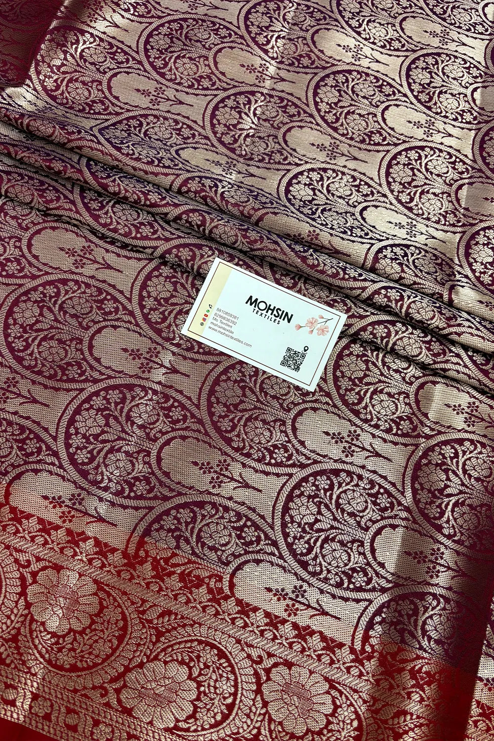 Mustard and Wine Zari Semi Katan Silk Banarasi Saree