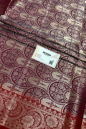 Mustard and Wine Zari Semi Katan Silk Banarasi Saree