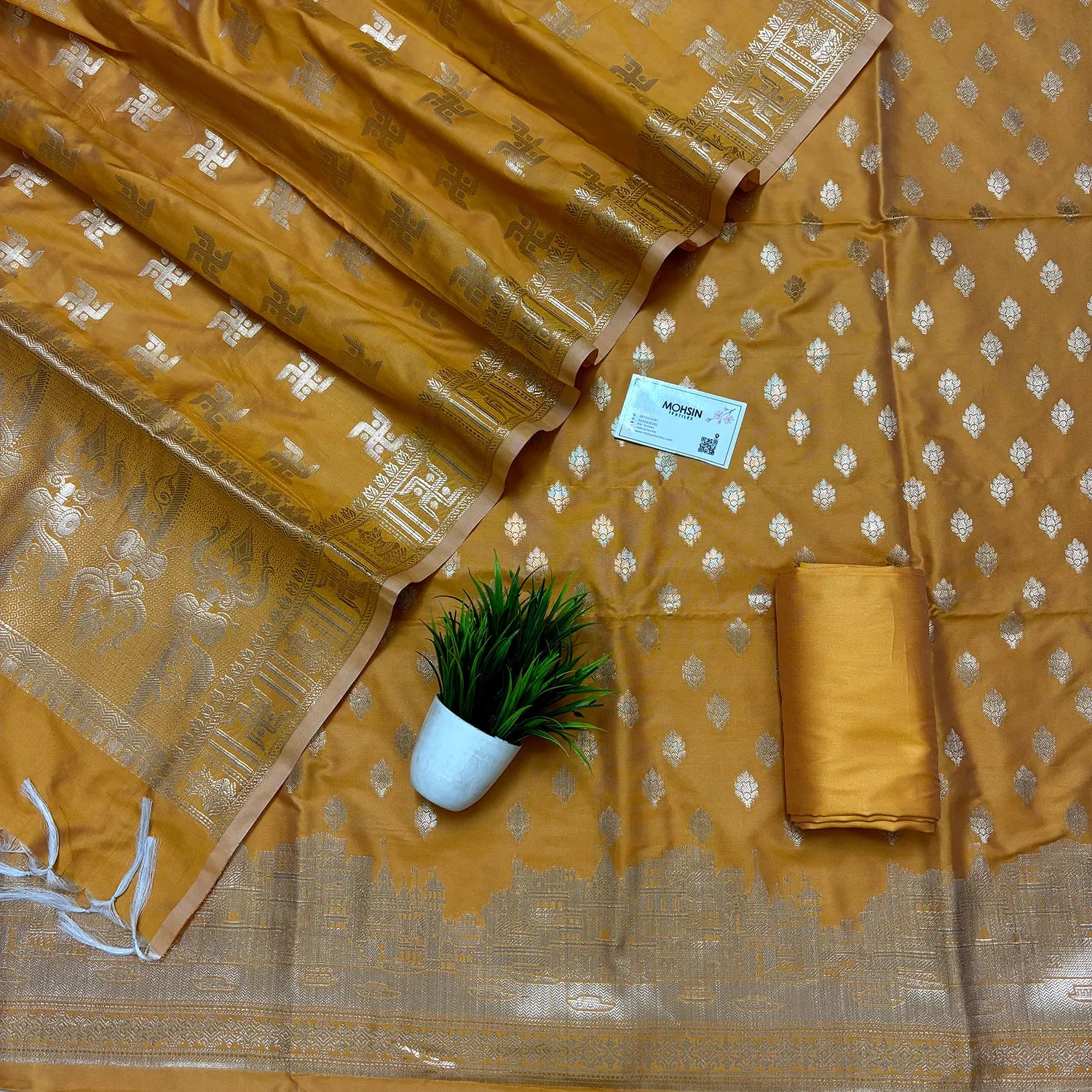 Mustard Assi Ghat Mandir Semi Katan Silk Banarasi Suit