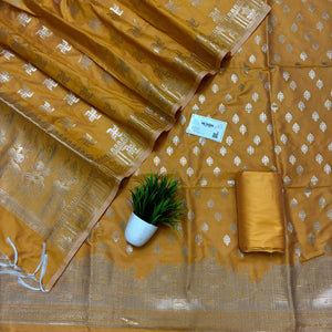 Mustard Assi Ghat Mandir Semi Katan Silk Banarasi Suit