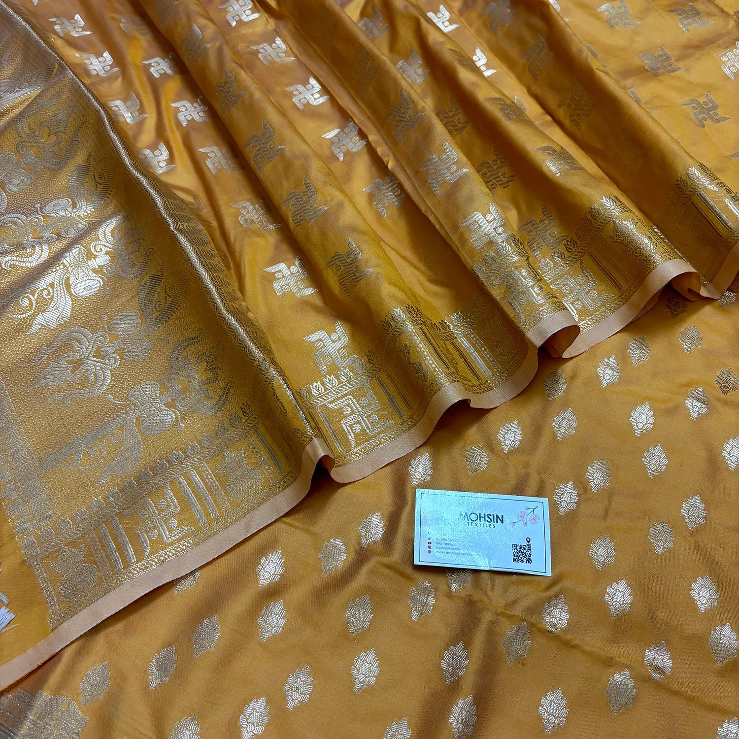 Mustard Assi Ghat Mandir Semi Katan Silk Banarasi Suit