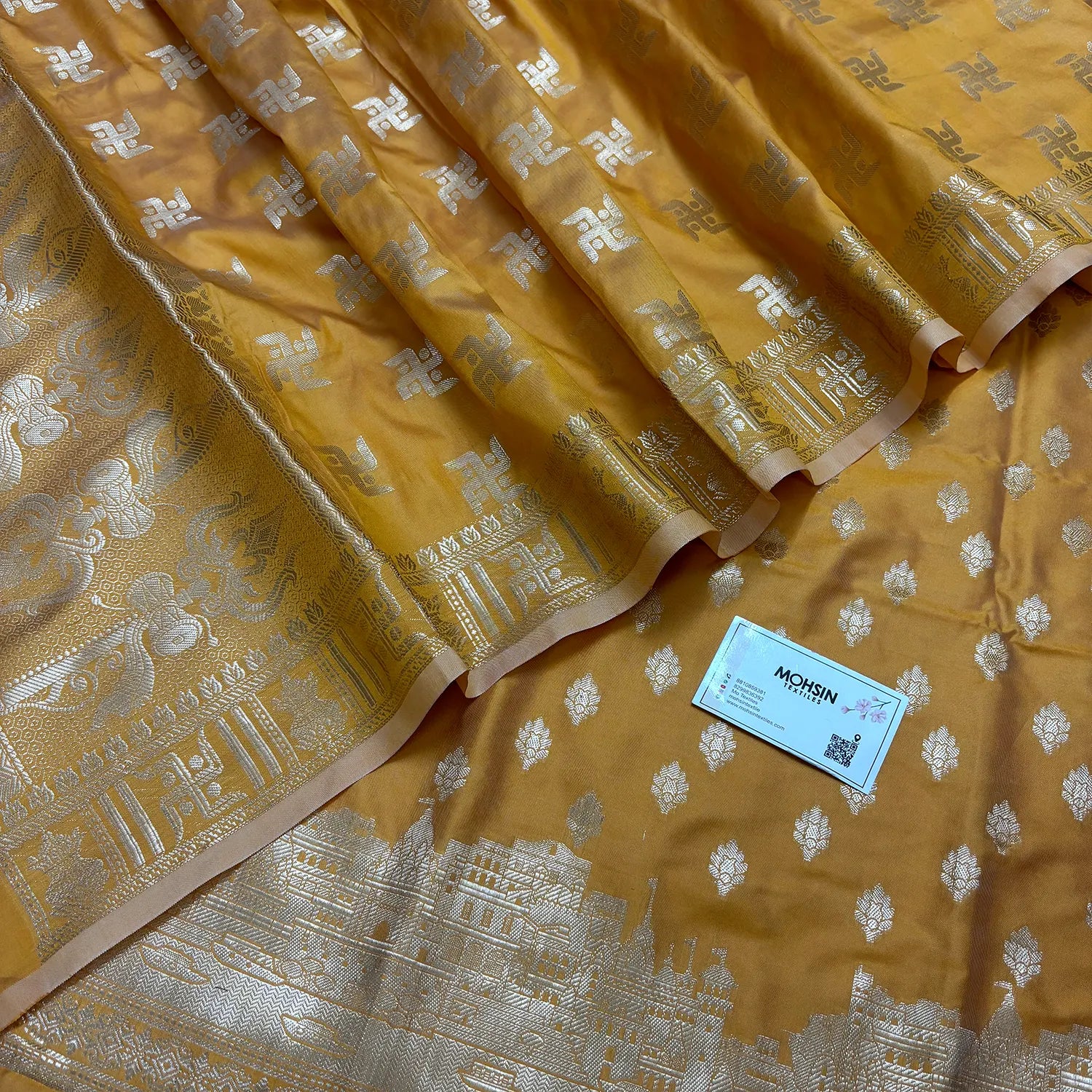 Mustard Assi Ghat Mandir Semi Katan Silk Banarasi Suit