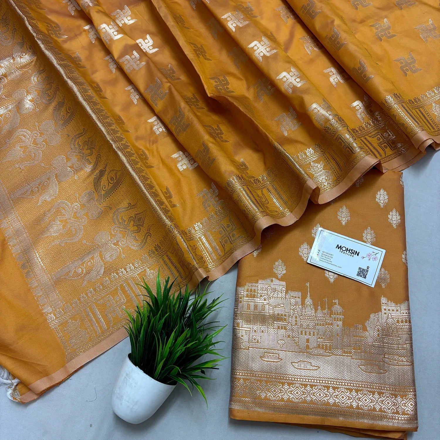 Mustard Assi Ghat Mandir Semi Katan Silk Banarasi Suit