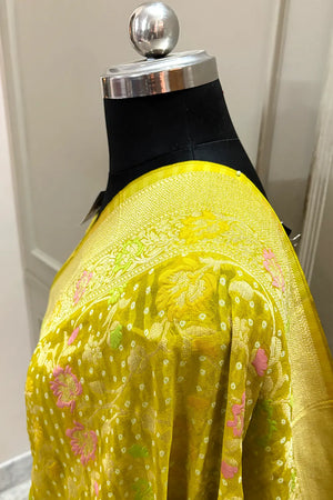 Mustard Bandhej Meena Georgette Silk Banarasi Saree