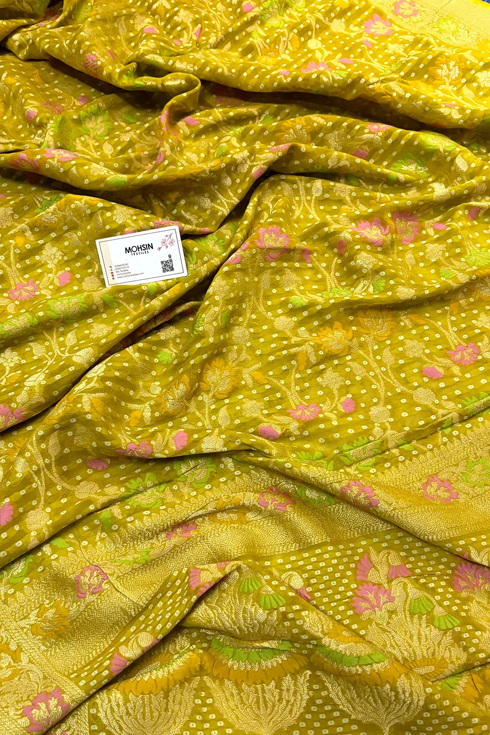 Mustard Bandhej Meena Georgette Silk Banarasi Saree