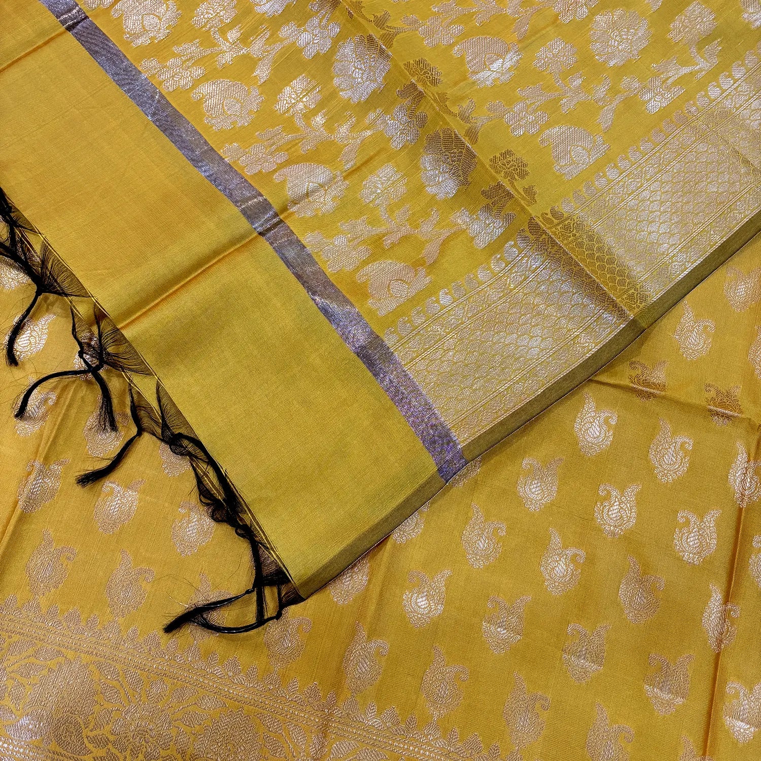 Mustard Chirag Buti Satin Silk Banarasi Suit