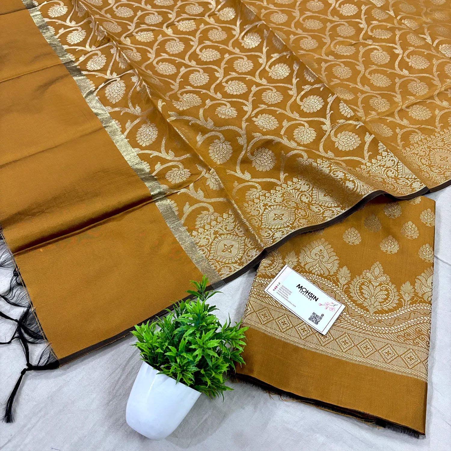 Mustard Golden Zari Satin Silk Banarasi Suit