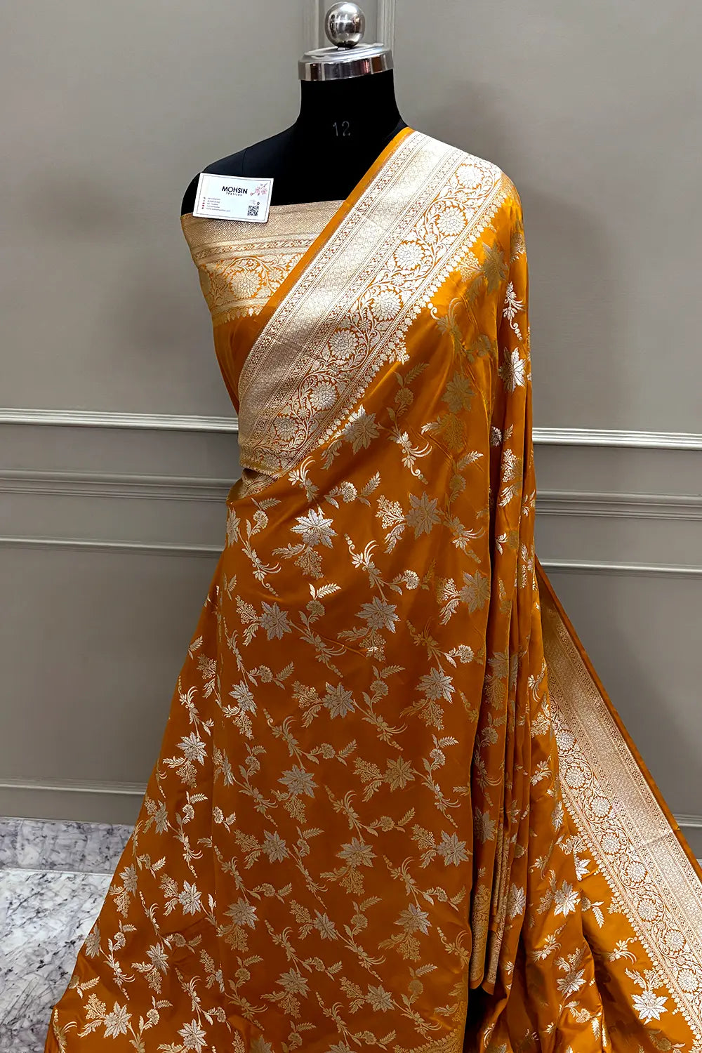 Mustard Jasmine Jaal Katan Silk Banarasi Saree