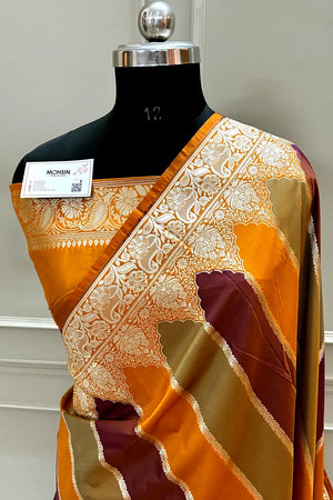 Mustard Orange Rangkaat Katan Silk Banarasi Sare