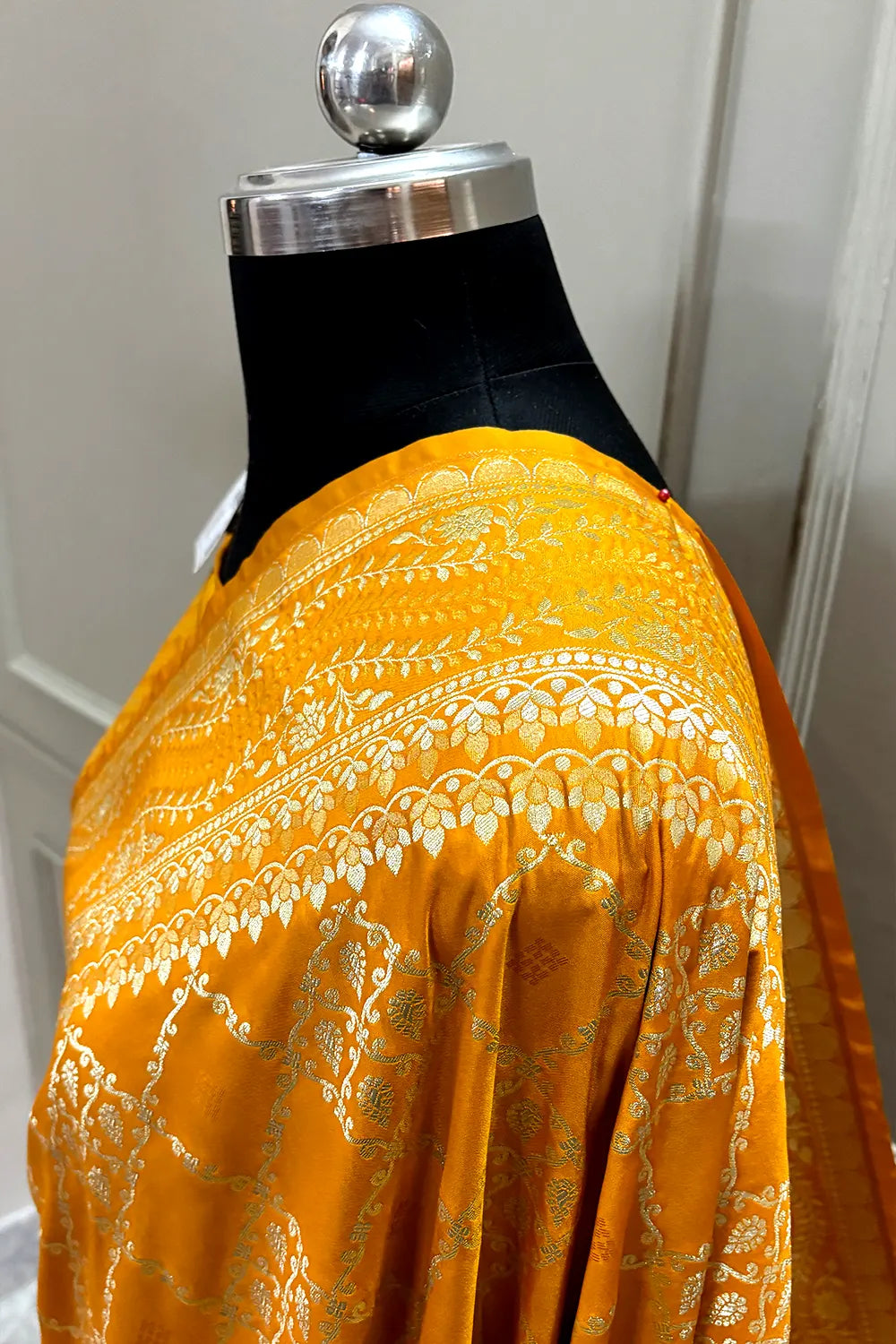 Mustard Pi Jaal Katan Silk Banarasi Saree