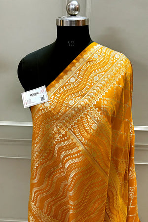 Mustard Pi Jaal Katan Silk Banarasi Saree