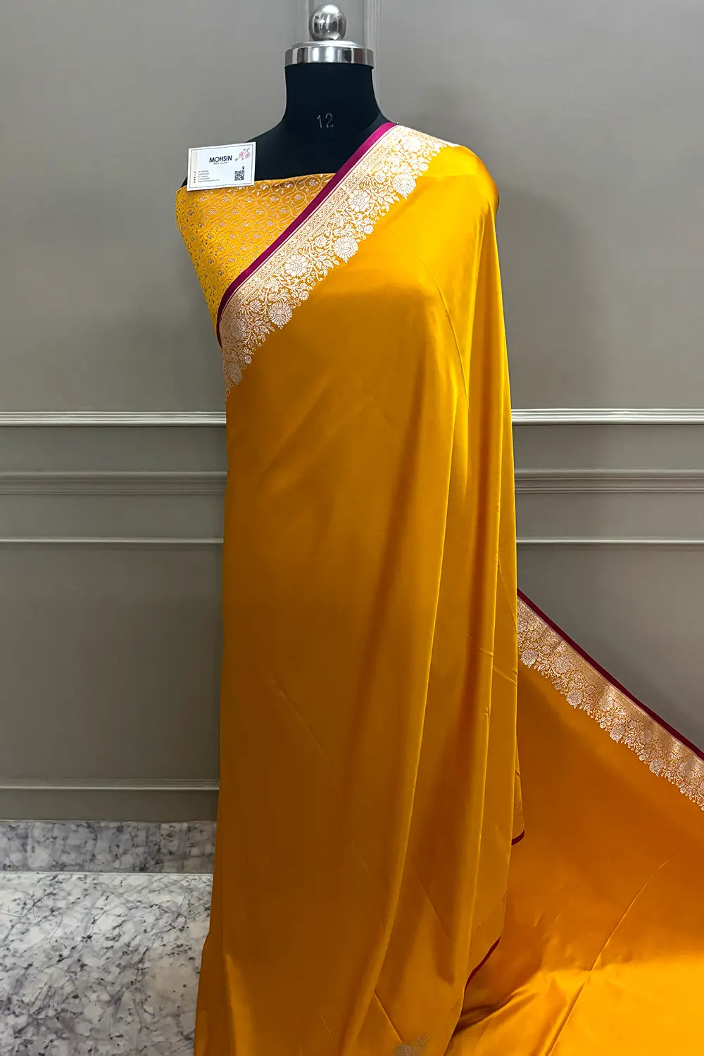 Mustard Plain Zari Border Katan Silk Banarasi Saree