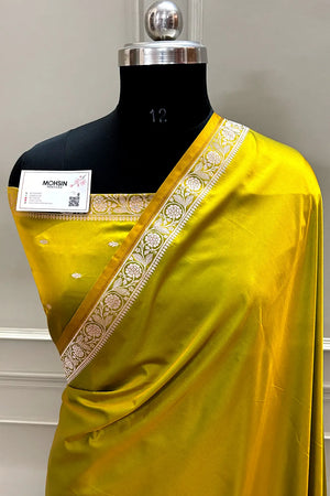 Mustard Plain Katan Mashru Silk Banarasi Saree