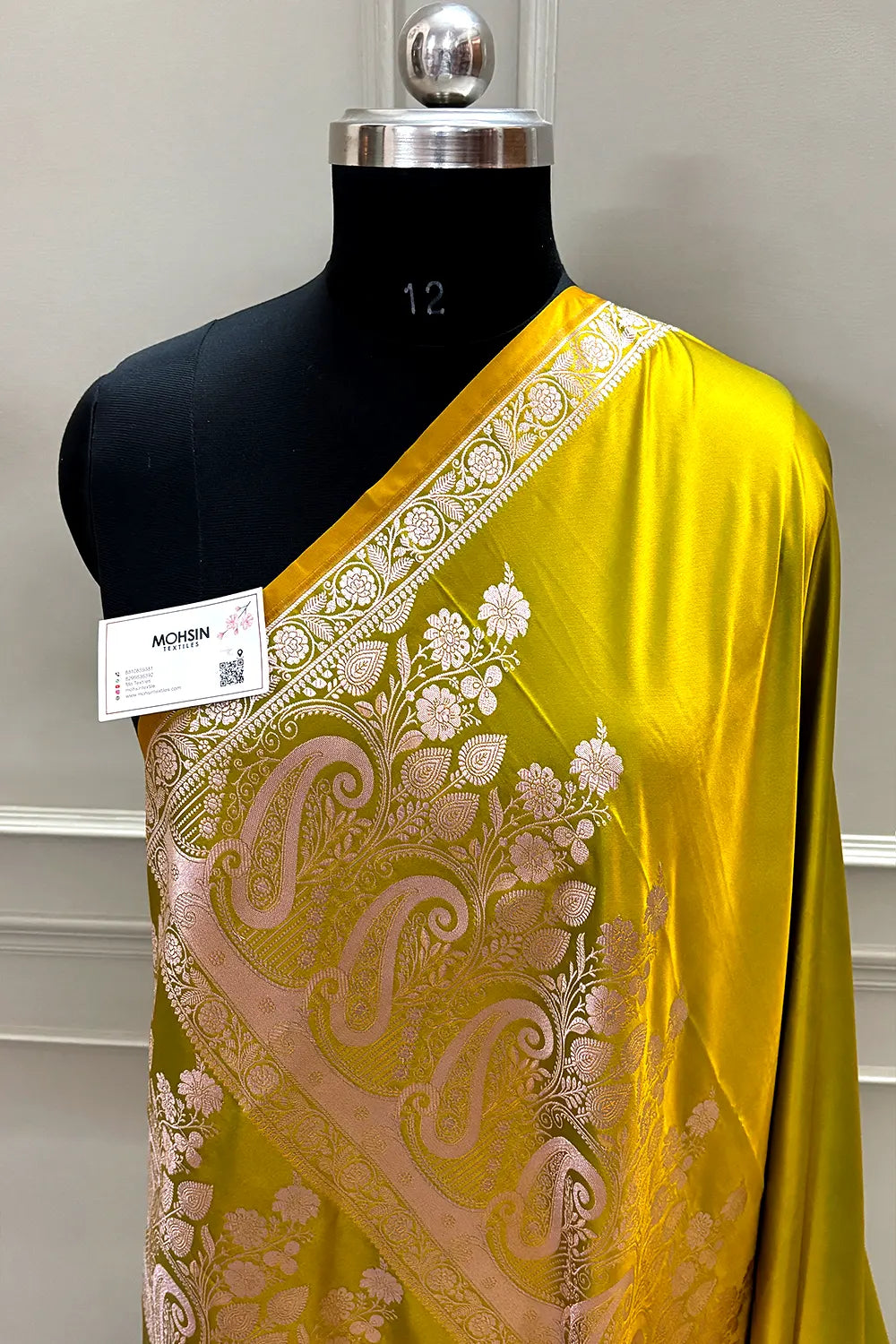 Mustard Plain Katan Mashru Silk Banarasi Saree