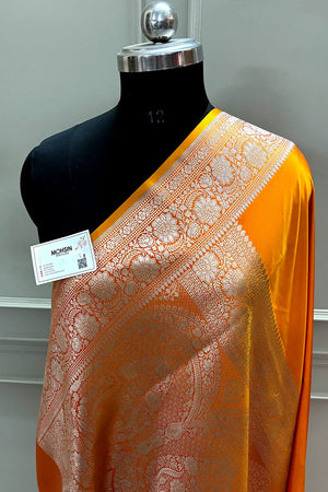 Mustard Plain Zari Katan Mashru Silk Banarasi Saree