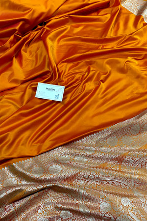 Mustard Plain Zari Katan Mashru Silk Banarasi Saree